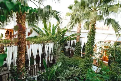 a garden with palm trees and a white fence at La Ferme Medina in Marrakech