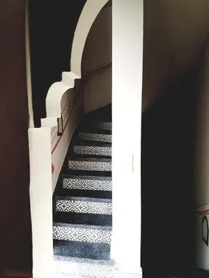 a stairway with black and white stairs in a building at Riad Laly Tourisme Eclairé Le bijou de la medina in Marrakech