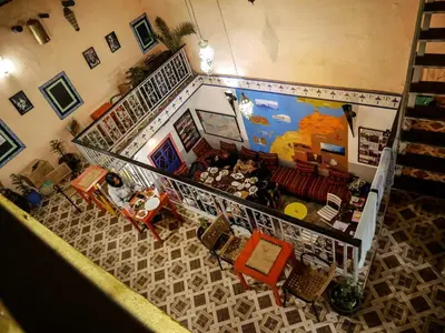 an overhead view of a living room with furniture at Kasbah Red Castel Hostel in Marrakech