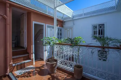 a balcony with potted plants on a house at Hotel Zitoune in Marrakech