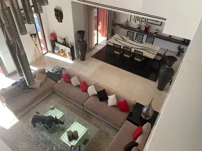 an overhead view of a living room and dining room at Villa Riad Al Maaden in Marrakech