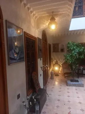 a hallway of a house with a door and a plant at Riad Zayane Atlas in Marrakech