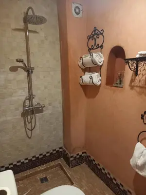 a bathroom with a shower with a toilet and towels at Riad Zayane Atlas in Marrakech