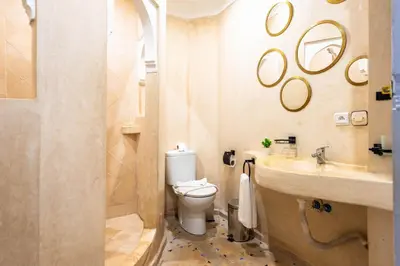 a bathroom with a toilet and a shower and a sink at Riad La Croix Berbere in Marrakech