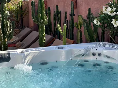 a hot tub in a garden with cactus at Riad Vendôme & Spa in Marrakech