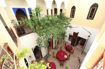an overhead view of a building with tables and a tree at Riad Sidi Mimoune & Spa in Marrakech