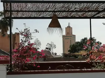 a view of a city from a window with flowers at Riad Dar Nouba in Marrakech