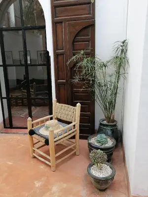 a chair and two potted plants in front of a door at Riad Dar Nouba in Marrakech