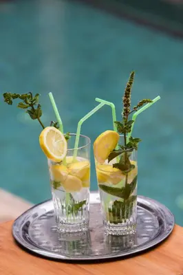 two glasses of lemonade on a silver tray at Riad Kasbah & Spa in Marrakech