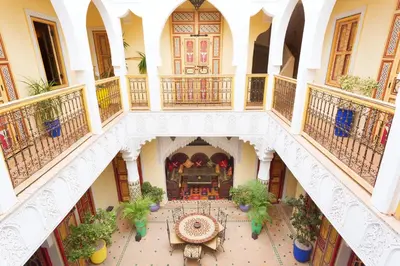 an overhead view of a building with a balcony at Riad Sofia in Marrakech