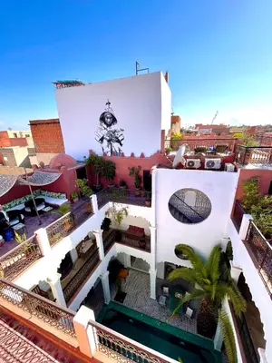 an aerial view of a building with a pool at Riad Fabiola Et Spa By La Siredrah in Marrakech