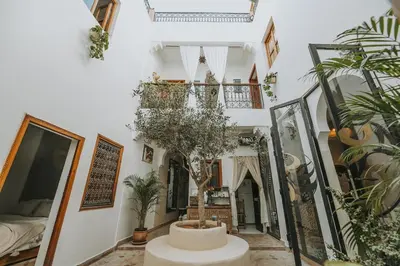 a living room with plants and a table in the middle at Riad Dar Coram in Marrakech