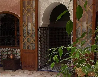 an entry to a building with a door and a plant at Riad Essaoussan in Marrakech