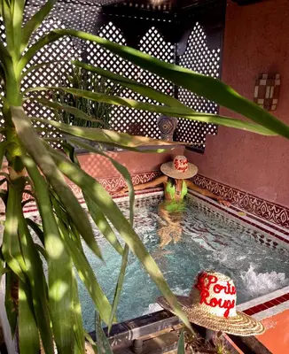 a person in a pool with a hat and a plant at Riad La Porte Rouge By La Siredrah in Marrakech