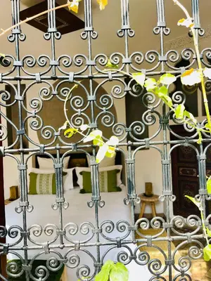 a metal gate in front of a mirror at Riad La Porte Rouge By La Siredrah in Marrakech