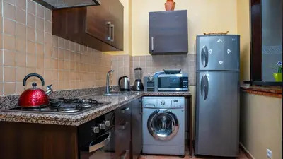 a kitchen with a refrigerator and a washing machine at Appartements Marrakech Garden in Marrakech