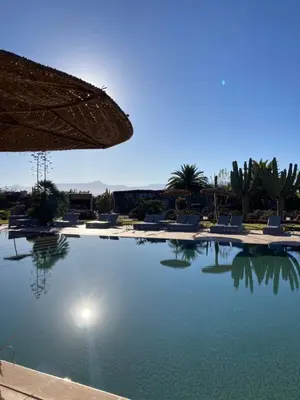 a large swimming pool with chairs and an umbrella at Fellah Hotel in Marrakech
