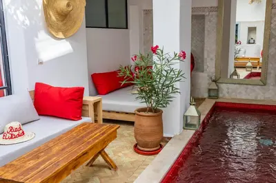 a living room with a bench and a potted plant at Riad El Jadide in Marrakech