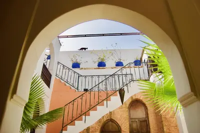 an archway with a staircase with potted plants on it at Riad Rockech in Marrakech
