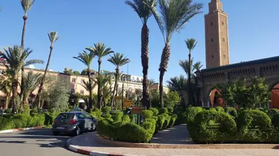 a car parked in front of a building with palm trees at Riad Naim in Marrakech
