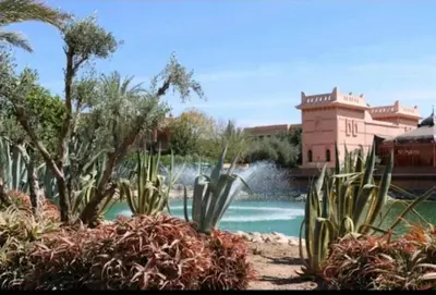 a garden with cactus and a fountain in front of a building at Palmeraie village 2 , les jardins de la palmeraie 2 in Marrakech