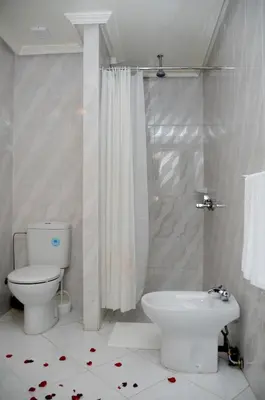 a white bathroom with a toilet and a shower at Residence Hotel Assounfou in Marrakech