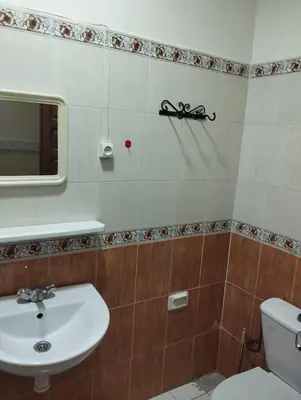 a bathroom with a sink and a toilet and a mirror at Riad familiale à Marrakech in Marrakech