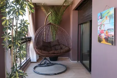 a hanging chair in a room with plants at Sweet Jacob's Appartment Gueliz City Center in Marrakech