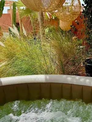a pool of water with grass in a garden at Vibrant Medina Loft and Roof Top in Marrakech
