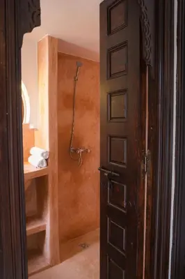 a bathroom with a shower and a door at Riad 46 in Marrakech