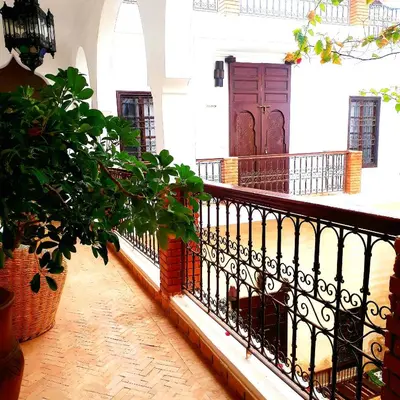 a balcony with a wrought iron railing and a plant at Riad Amira in Marrakech