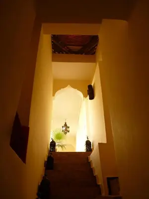 a staircase leading up to a building with a potted plant at Riad Amira in Marrakech
