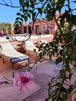 a patio with two beds and a pink flower at Riad Chameau FDC Hôtel SPA in Marrakech