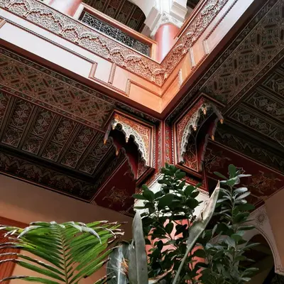 a room with a ceiling with a plant in it at Riad Miral in Marrakech