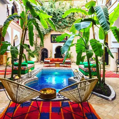 a courtyard with a pool with chairs and trees at Riad Nabila in Marrakech