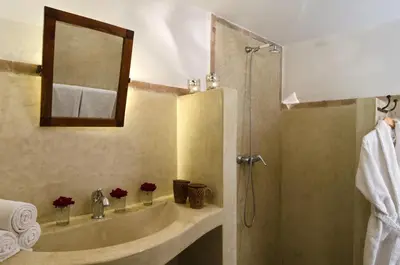 a bathroom with a sink and a shower with a mirror at Riad Vert in Marrakech