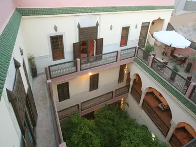 an overhead view of a building with a balcony at Riad Sidi Ayoub in Marrakech