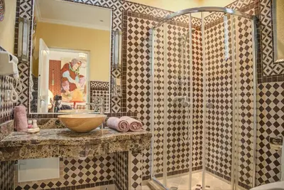 a bathroom with a shower and a sink at Riad Les Oliviers & Spa in Marrakech