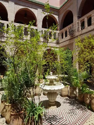 a fountain in the middle of a courtyard with plants at Hotel Wissam in Marrakech