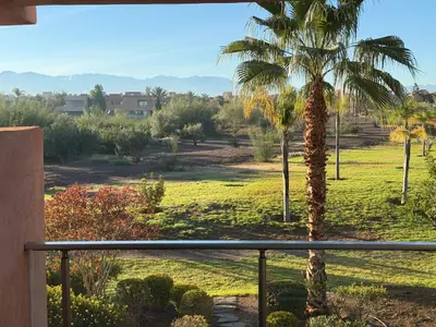 a palm tree in a field with a fence at APPARTEMENT Golf Marrakech prestigia in Marrakech