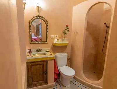 a bathroom with a toilet and a sink and a mirror at Riad Arbre Bleu in Marrakech