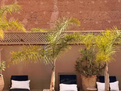 a group of palm trees in front of a building at Riad Rafaele & SPA in Marrakech