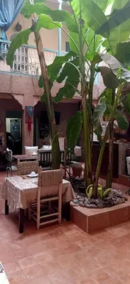 a restaurant with a table and two palm trees at Riad Dar Mchicha in Marrakech