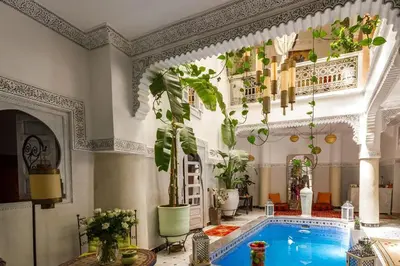 a large room with a swimming pool with plants at Riad Eloise in Marrakech