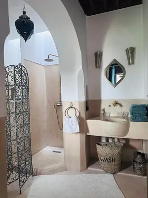 a bathroom with a shower and a sink at Berber Duchess Riad in Marrakech