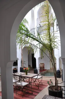 a room with tables and chairs and a palm tree at Riad Sin in Marrakech