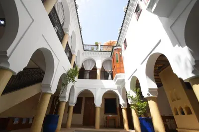 a view of the courtyard of a building at Riad Berenssi in Marrakech