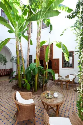 a courtyard with tables and chairs and trees at Riad Les Bougainvilliers in Marrakech
