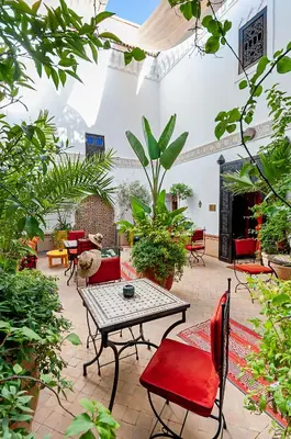 a patio with a table and chairs and plants at Riad Dar Nadwa in Marrakech