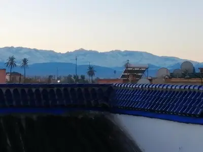 a bridge with palm trees and mountains in the background at Dar Margot Marrakech in Marrakech